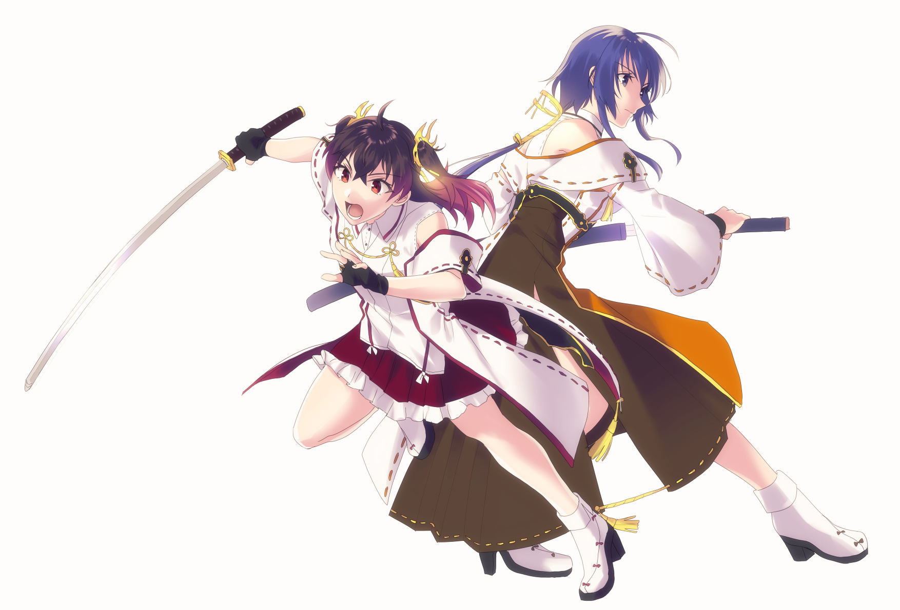 2girls ahoge asakura_mihono back-to-back black_gloves blue_eyes blue_hair boots brown_hair brown_skirt closed_mouth collared_dress commentary_request dress fingerless_gloves full_body gloves gradient_hair high_heel_boots high_heels highres holding holding_sheath holding_sword holding_weapon imotaberu katana long_hair long_skirt long_sleeves medium_hair miniskirt multicolored_hair multiple_girls official_alternate_costume open_mouth pink_hair ponytail red_eyes red_skirt setouchi_chie sheath sidelocks simple_background skirt sword toji_no_miko two_side_up unsheathing v-shaped_eyebrows weapon white_background white_dress white_footwear wide_sleeves