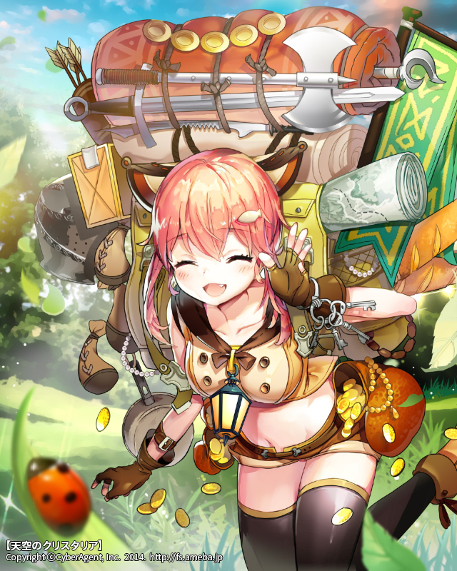 1girl animal_ears arrow_(projectile) axe backpack bad_id bad_pixiv_id bag baguette bedroll black_thighhighs blush bread brown_gloves bug charm_(object) closed_eyes coin collarbone female_focus fingerless_gloves fish_hair_ornament food gio_(maroon0924) gloves gold grass hair_ornament insect jewelry key ladybug lantern map midriff navel necklace official_art open_mouth original outdoors pearl_necklace pink_hair pot pouch quiver sack short_hair short_shorts shorts solo stomach suitcase sword tenkuu_no_crystalia thighhighs walking waving weapon zettai_ryouiki