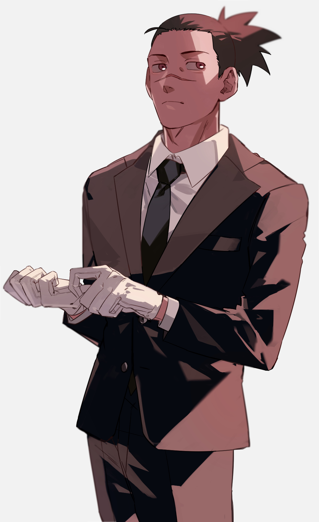 1boy black_necktie brown_eyes brown_hair brown_jacket brown_pants closed_mouth collared_shirt cowboy_shot glove_pull gloves highres jacket long_sleeves male_focus mirin_(coene65) naruto_(series) necktie pants ponytail scar scar_on_face shirt short_hair simple_background solo suit_jacket umino_iruka white_gloves white_shirt