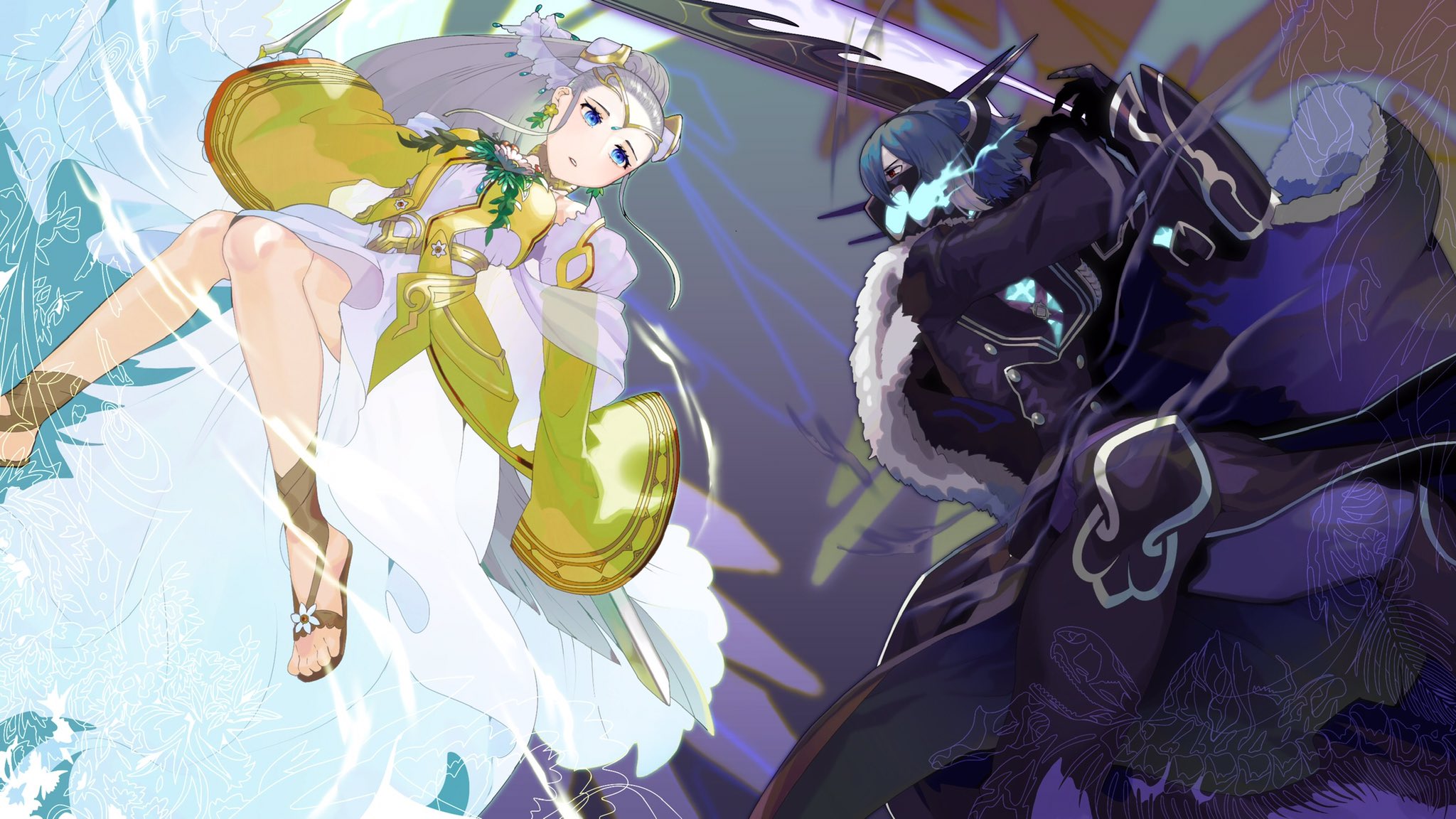 battle blue_eyes blue_hair cape dress earrings eir_(fire_emblem) eir_(life_ascendant)_(fire_emblem) fighting fighting_stance fire_emblem fire_emblem_heroes flower flower_earrings formal_clothes frilled_sleeves frills gold_dress gold_tiara highres holding holding_knife holding_sword holding_weapon ikura_(downdexp) jewelry knife lif_(fire_emblem) long_hair long_sleeves mask mouth_mask nintendo official_alternate_costume ponytail red_eyes sandals short_hair sidelocks suit sword tiara weapon white_dress white_hair
