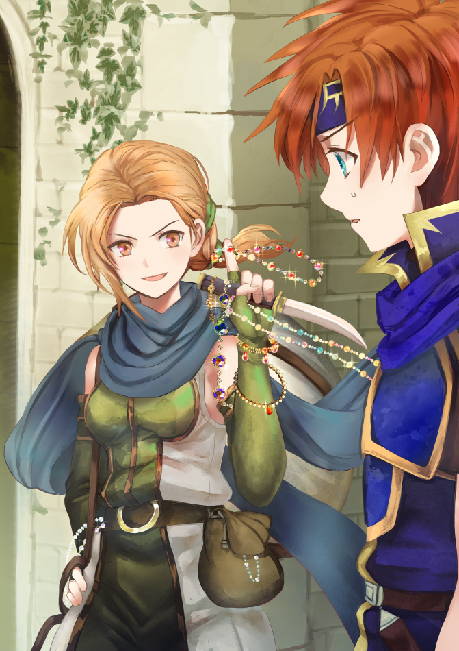 1boy 1girl armor bare_shoulders blue_armor blue_eyes breasts cath_(fire_emblem) fingerless_gloves fire_emblem fire_emblem:_the_binding_blade gloves green_gloves green_scarf headband holding holding_jewelry holding_knife jewelry knife long_hair medium_breasts nintendo orange_hair red_hair roy_(fire_emblem) scarf shoochiku_bai smile solo_focus thief
