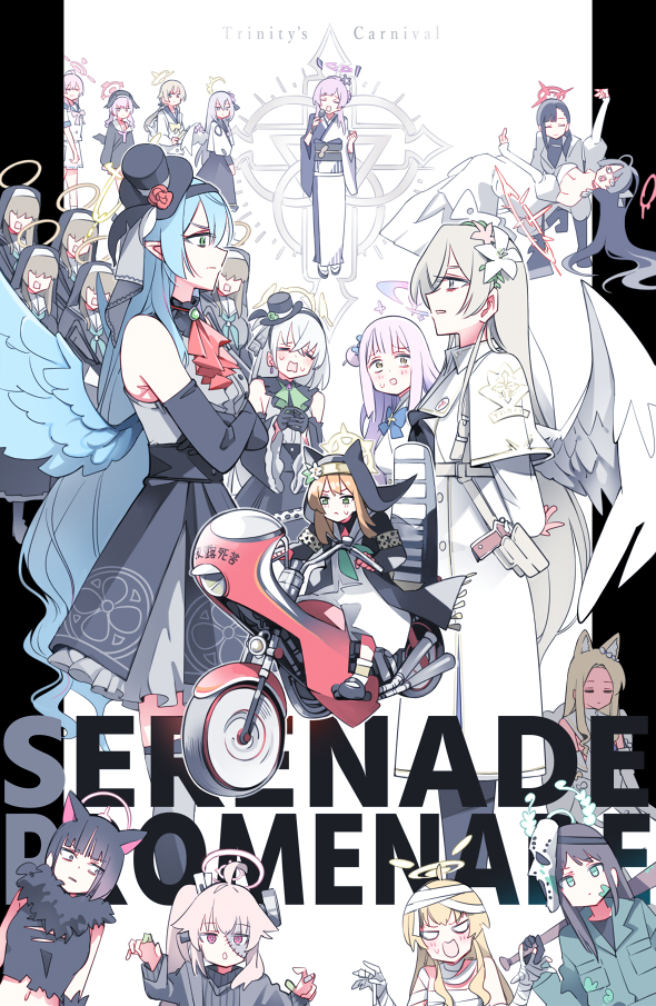 6+girls airi_(blue_archive) airi_(halloween)_(blue_archive) animal_ear_headwear animal_ears azusa_(blue_archive) baseball_bat beret black_gloves black_hair black_hat blank_eyes blonde_hair blue_archive blue_eyes blue_hair brown_hair cat_ears cat_girl commentary_request dress english_text expressionless fake_animal_ears flower fox_ears fox_girl gloves green_eyes hair_bun hair_flower hair_ornament halo hanako_(blue_archive) hat hifumi_(blue_archive) holding holding_baseball_bat ichika_(blue_archive) ichika_(suit)_(blue_archive) jacket kazusa_(blue_archive) kazusa_(halloween)_(blue_archive) koharu_(blue_archive) long_hair looking_at_another looking_at_viewer mari_(blue_archive) mika_(blue_archive) mine_(blue_archive) mine_(idol)_(blue_archive) mini_hat mini_top_hat motor_vehicle motorcycle multiple_girls mummy_costume nagisa_(blue_archive) natsu_(blue_archive) natsu_(halloween)_(blue_archive) nun on_motorcycle pink_hair pointy_ears purple_hair red_eyes riding sakurako_(blue_archive) sakurako_(idol)_(blue_archive) seia_(blue_archive) shirt side_ponytail single_side_bun sisterhood_member_(blue_archive) skirt sweatdrop tokomichi top_hat tsurugi_(blue_archive) tsurugi_(dress)_(blue_archive) utaha_(blue_archive) utaha_(idol)_(blue_archive) white_dress white_jacket white_shirt white_skirt yoshimi_(blue_archive) yoshimi_(halloween)_(blue_archive)