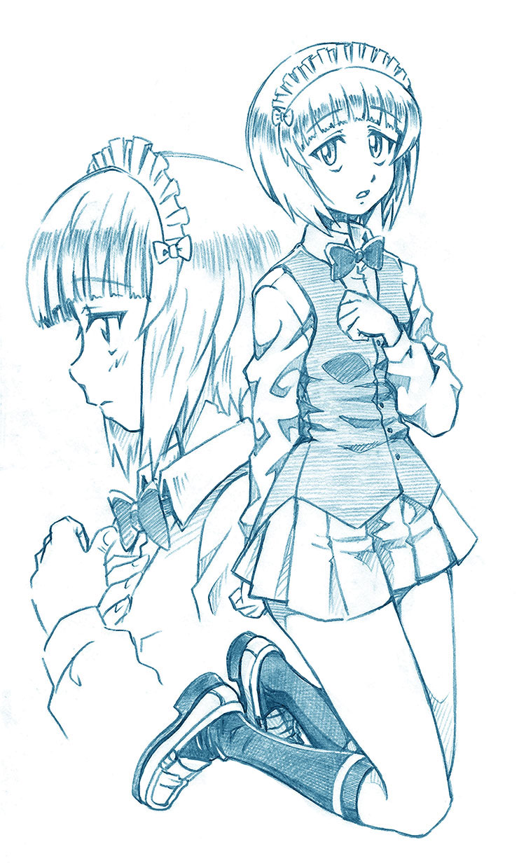 1girl bartender bbb_(friskuser) blue_theme blunt_bangs blush bob_cut bow bowtie closed_mouth commentary cutlass_(girls_und_panzer) dress_shirt frown girls_und_panzer handkerchief highres kneehighs kneeling loafers long_sleeves looking_at_viewer maid_headdress miniskirt monochrome multiple_views ooarai_naval_school_uniform open_mouth pleated_skirt school_uniform shirt shoes short_hair single_horizontal_stripe skirt socks vest wing_collar