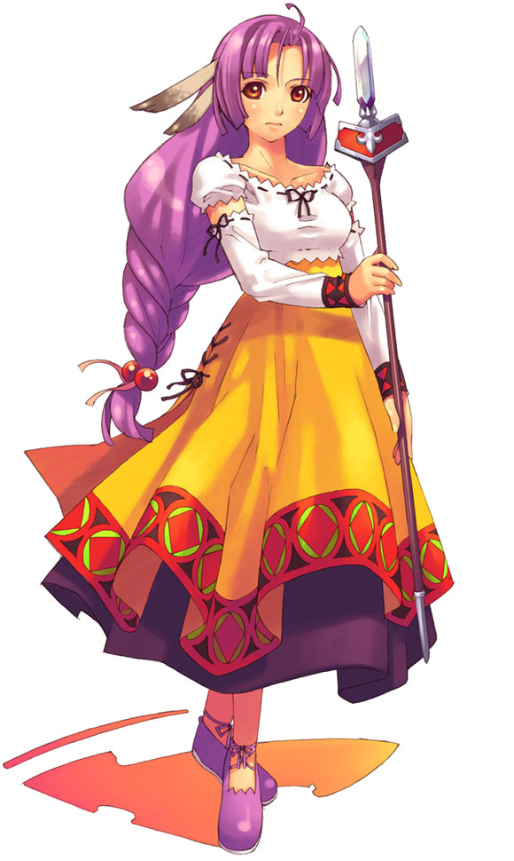 1girl braid brown_eyes dress expressionless female_focus full_body hirano_katsuyuki long_hair low-braided_long_hair low-tied_long_hair neige_(spectral_souls) official_art purple_hair shoes solo spectral_(series) spectral_souls wand white_background yellow_dress