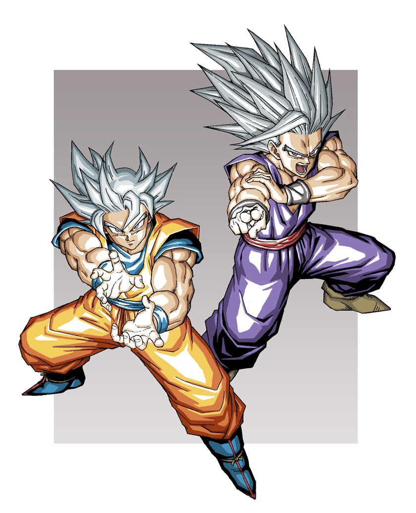 2boys blue_boots blue_sash blue_shirt boots commentary_request dougi dragon_ball dragon_ball_super dragon_ball_super_super_hero father_and_son full_body gohan_beast goku_day kamehameha_(dragon_ball) makankousappou male_focus medium_hair multiple_boys muscular muscular_male n_(n14542698) open_mouth orange_pants orange_shirt pants powering_up purple_pants purple_shirt red_eyes sash shirt single_bang solo son_gohan son_goku ultra_instinct v-neck white_eyes white_hair