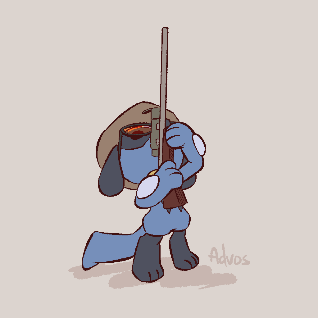 advos artist_name black-framed_eyewear black_fur blue_fur brown_hat chibi chibi_only clothed_pokemon cosplay full_body gen_4_pokemon grey_background gun hat holding holding_gun holding_weapon looking_up nintendo orange-tinted_eyewear pokemon pokemon_(creature) rifle riolu simple_background sniper_(tf2) sniper_(tf2)_(cosplay) solo sunglasses team_fortress_2 tinted_eyewear two-tone_fur weapon
