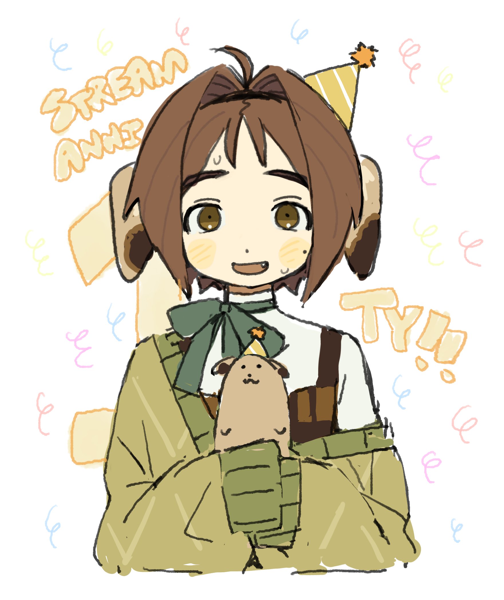 1girl ahoge animal animal_ears anniversary bow brown_hair cardigan confetti cropped_torso dog_ears dog_girl hair_intakes hairband hamster hat highres holding holding_animal indie_virtual_youtuber looking_at_viewer mole mole_on_cheek mota_(motaberrie) motaberrie_(vtuber) off_shoulder open_mouth party_hat short_hair sleeves_past_fingers sleeves_past_wrists smile solo sweat virtual_youtuber