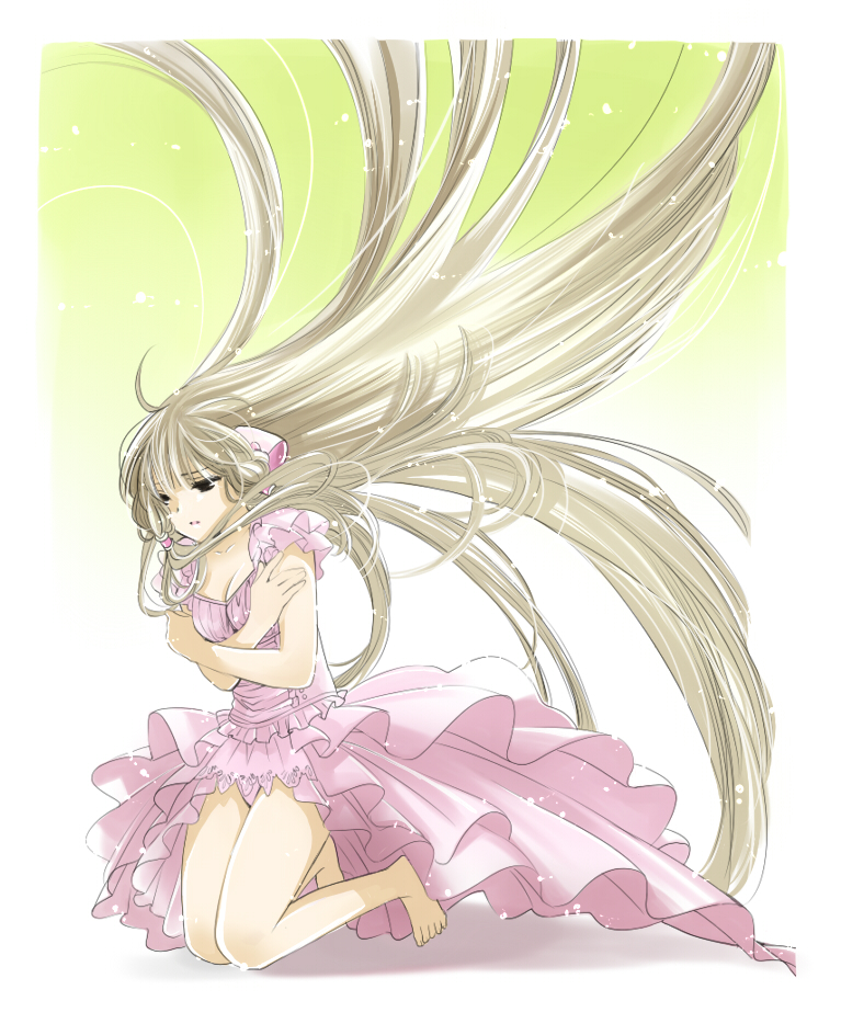00s 1girl arm_grab bad_id bad_pixiv_id barefoot breasts chii chobits cleavage cold crossed_arms dress female_focus gradient_background hair_spread_out kazari_tayu kneeling long_hair medium_breasts pink_dress robot_ears sad solo very_long_hair wind