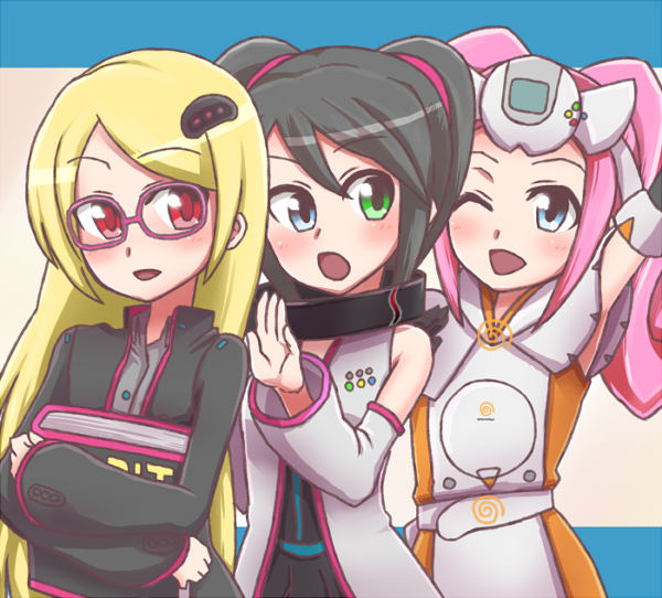 3girls black_hair blonde_hair blue_eyes game_console glasses gloves hair_ornament heterochromia komedaisuki long_hair multiple_girls one_eye_closed open_mouth personification pink_hair red_eyes sega sega_dreamcast sega_dreamcast_(sega_hard_girls) sega_hard_girls sega_mega_drive_(sega_hard_girls) sega_saturn_(sega_hard_girls) twintails