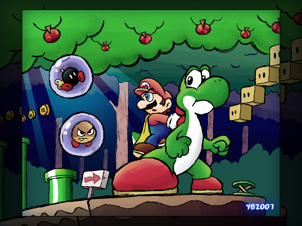1boy apple bob-omb bubble cape cape_mario coin dinosaur food forest fruit galoomba gold_coin looking_back male_focus mario mario_(series) nature nintendo riding rotating_block sunlight super_mario_world thebourgyman trampoline_(mario) tree warp_pipe yellow_cape yoshi