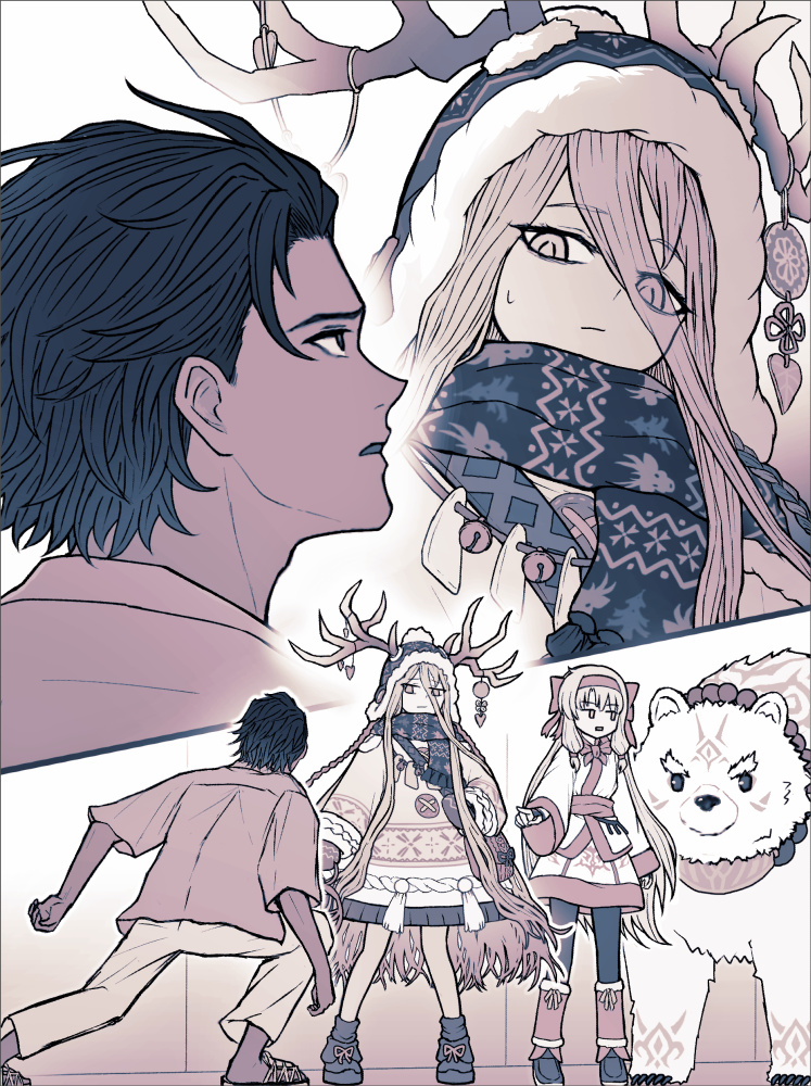 1boy 2girls antlers bartholomew_roberts_(fate) bartholomew_roberts_(smiley_summer_wear)_(fate) bear dark-skinned_male dark_skin fate/grand_order fate_(series) from_below horns long_hair louhi_(fate) louhi_(second_ascension)_(fate) mittens monochrome multiple_girls pointing pointing_at_another sandals scarf shirou_(bear)_(fate) sitonai_(fate) ttmt very_long_hair woollen_cap