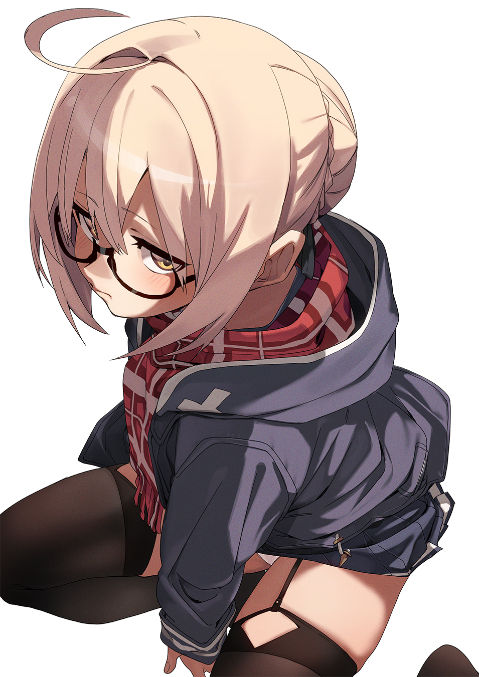 1girl ahoge artoria_pendragon_(fate) blonde_hair blue_skirt braid breasts brown_thighhighs fate/grand_order fate_(series) fu-ta glasses grey_jacket hair_between_eyes hair_bun highres hood hooded_jacket jacket long_hair long_sleeves looking_at_viewer medium_breasts mysterious_heroine_x_alter_(fate) mysterious_heroine_x_alter_(first_ascension)_(fate) plaid_clothes plaid_scarf red_scarf scarf sidelocks skirt solo thighhighs thighs yellow_eyes