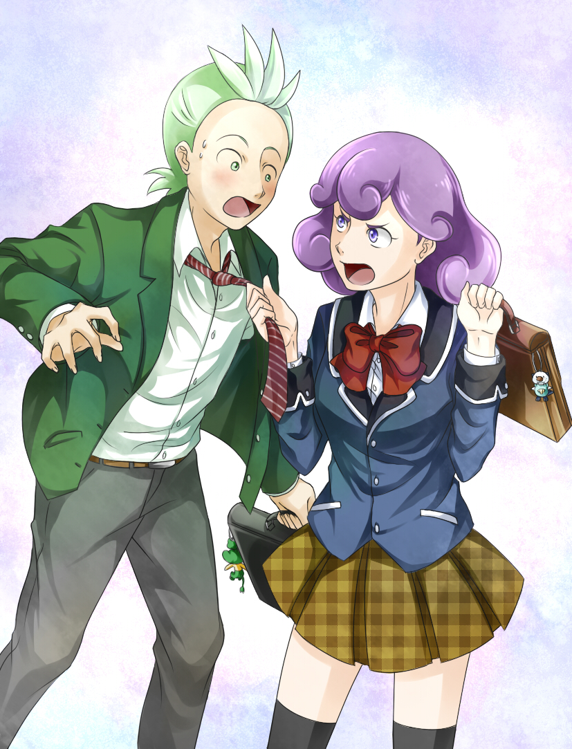1boy 1girl alternate_costume alternate_universe angry bag blue_eyes bow brown_skirt burgundy_(pokemon) charm_(object) cilan_(pokemon) gaigai gen_5_pokemon green_eyes green_hair green_jacket handbag jacket long_sleeves nintendo oshawott pansage pokemon pokemon_(anime) pokemon_bw pokemon_bw_(anime) pulling_another&#039;s_clothes purple_hair school_uniform skirt thighhighs tie
