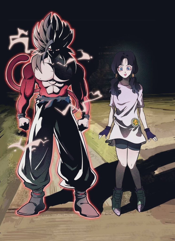 1boy 1girl big_hair black_hair blue_eyes clenched_hands dragon_ball dragonball_z eyeshadow fingerless_gloves gloves height_difference long_hair looking_at_viewer makeup meme nervous_smile night outdoors red_eyes red_eyeshadow short_twintails smile son_gohan spiked_hair static_electricity super_saiyan super_saiyan_4 tail twintails videl why_dis_ninja_look_so_mad_(meme) yuqing189