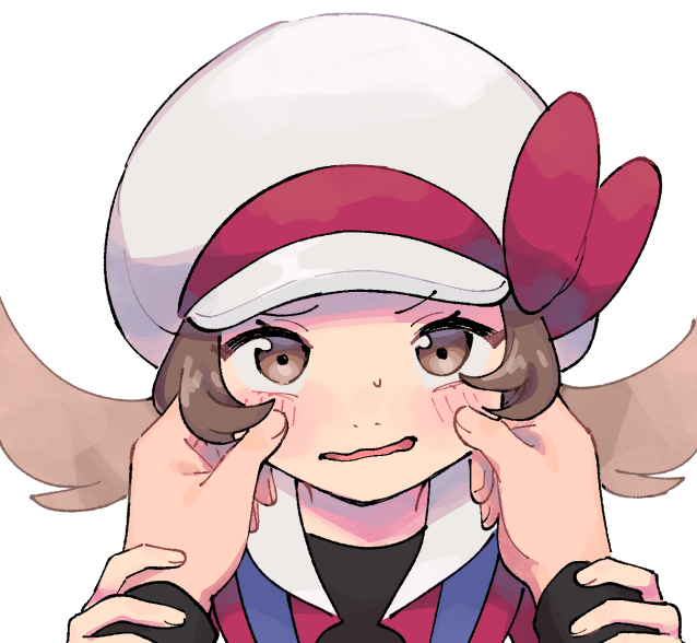 1boy 1girl blush bow brown_eyes brown_hair cheek_pinching commentary_request creatures_(company) game_freak hat hat_bow lyra_(pokemon) nintendo pinching pokemon pokemon_hgss portrait pov pov_hands pumpkinpan red_(pokemon) red_bow smile twintails wavy_mouth white_hat wristband