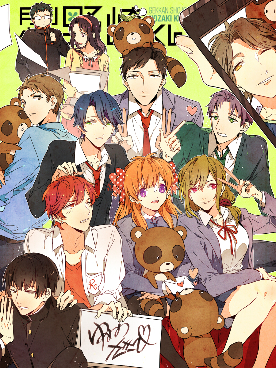 10s 4girls 6+boys black_hair blue_hair bow brown_eyes brown_hair cellphone copyright_name double_v gakuran gekkan_shoujo_nozaki-kun glasses green_eyes hair_bow hairband highres hori_masayuki jacket kashima_yuu leaf leaf_on_head letter love_letter maeno_mitsuya mikoshiba_mikoto miniskirt miyako_yukari miyamae_ken multiple_boys multiple_girls necktie nozaki_mayu nozaki_umetarou object_on_head orange_hair phone polka_dot polka_dot_bow ponytail purple_eyes red_eyes red_hair rookya sakura_chiyo school_uniform seo_yuzuki smartphone tanuki track_jacket v wakamatsu_hirotaka