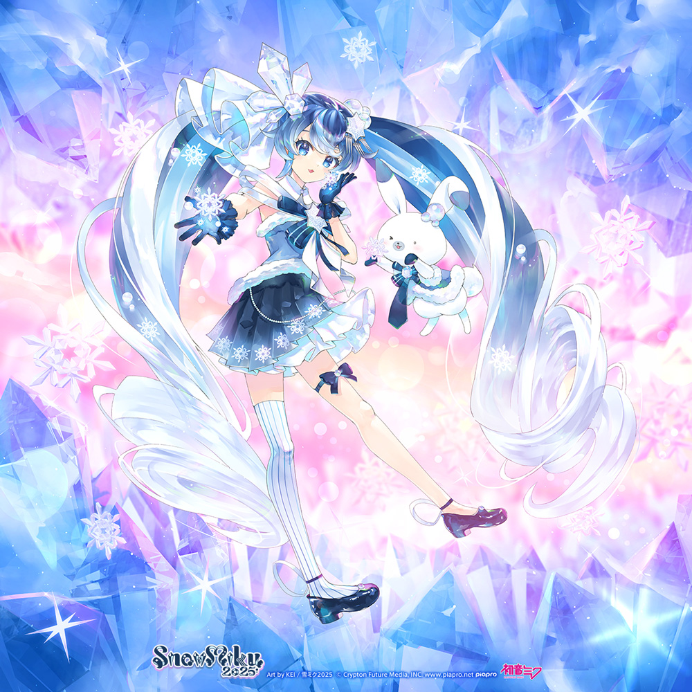 1girl :3 animal asymmetrical_legwear blue_bow blue_eyes blue_gloves blue_hair blue_shirt blue_skirt bow capelet character_name commentary copyright_notice crystal crystal_hair_ornament drill_hair fang foreshortening full_body fur-trimmed_capelet fur-trimmed_shirt fur_trim gem gloves glowing_snowflake hair_ornament hatsune_miku high_heels holding_snowflake ice_crystal icicle kei_(keigarou) layered_skirt logo long_hair low_drills miniskirt official_art outstretched_arm pleated_skirt rabbit rabbit_yukine reaching reaching_towards_viewer second-party_source shirt single_thighhigh skin_fang skirt sleeveless sleeveless_shirt smile snowflake_hair_ornament snowflakes sparkle striped_clothes striped_thighhighs thigh_strap thighhighs twin_drills twintails vertical-striped_clothes vertical-striped_thighhighs very_long_hair vocaloid white_hair white_thighhighs yuki_miku yuki_miku_(2025)