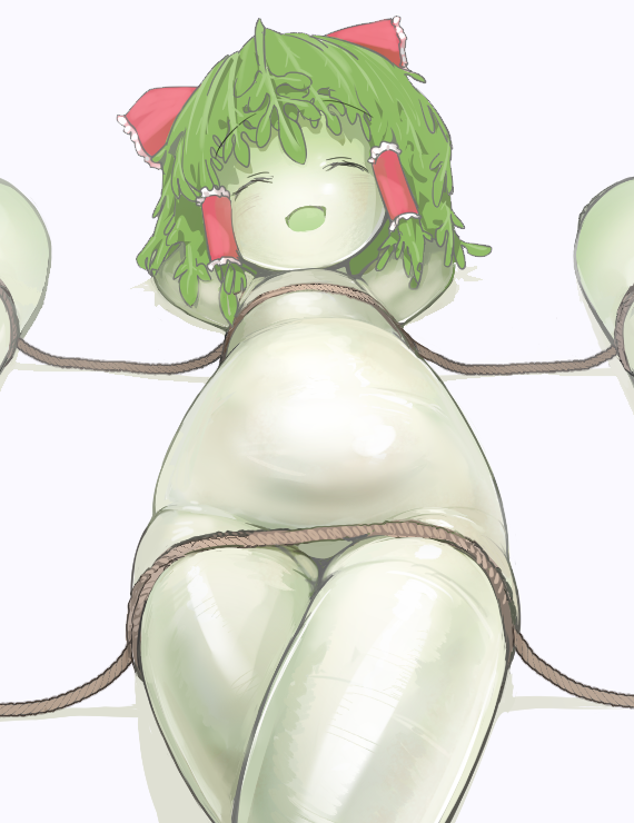 1girl arms_behind_head bow closed_eyes commentary_request cookie_(touhou) facing_viewer feet_out_of_frame green_hair hair_bow hair_tubes kirai_(hatetenn) lying medium_hair open_mouth red_bow reu_(cookie) reu_daikon rope shadow smile solo thick_thighs thighs
