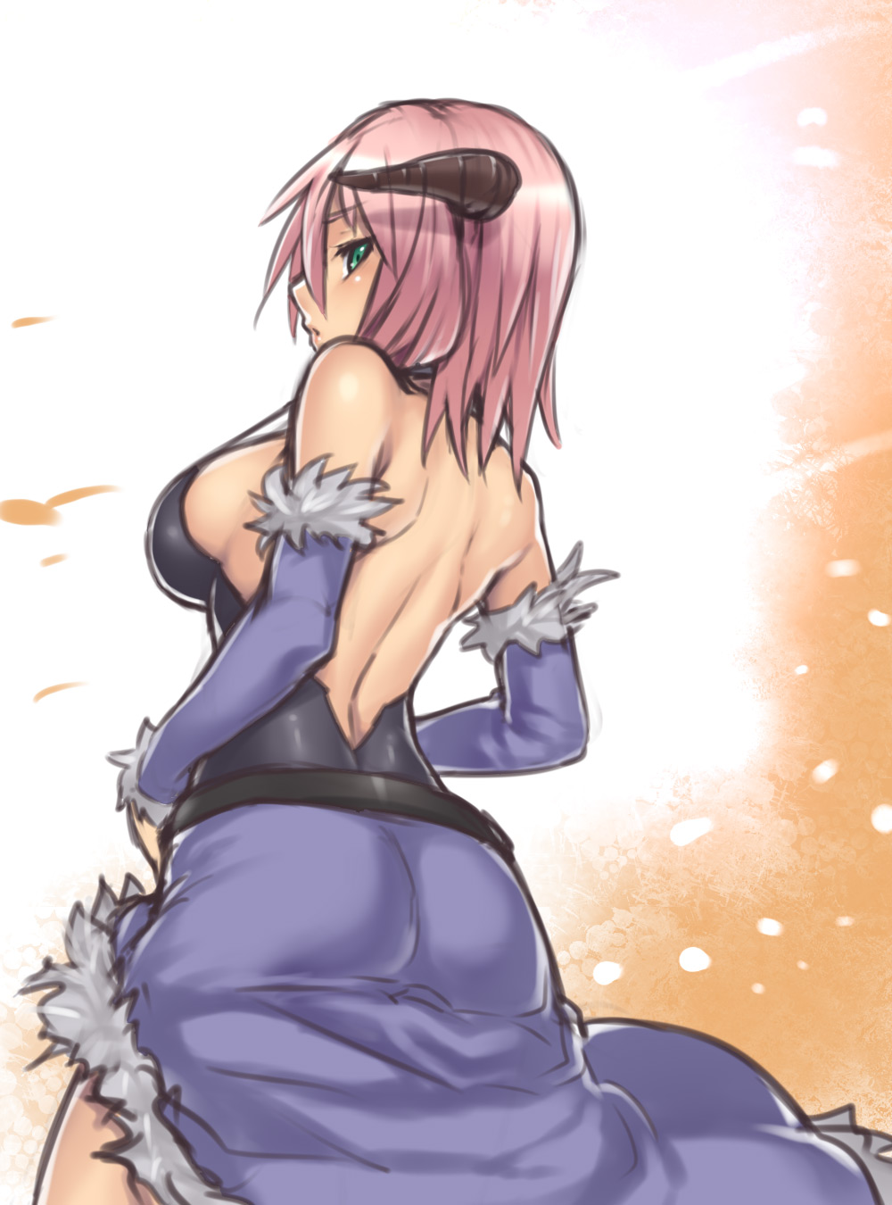 1girl ass back bare_shoulders breasts demon_horns detached_sleeves elbow_gloves female_focus from_behind fur-trimmed_sleeves fur-trimmed_waist_cape fur_trim gloves green_eyes highres horns houtengeki large_breasts looking_back pink_hair profile ragnarok_online short_hair sideboob solo stalker stalker_(ragnarok_online) waist_cape
