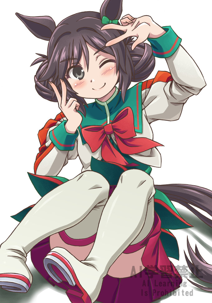 1girl animal_ears arihitom black_eyes black_hair breasts convenient_censoring double_bun hair_between_eyes hair_bun hair_ornament horse_ears horse_girl horse_tail looking_at_viewer one_eye_closed river_light_(umamusume) sitting small_breasts smile tail thighhighs umamusume v watermark white_background