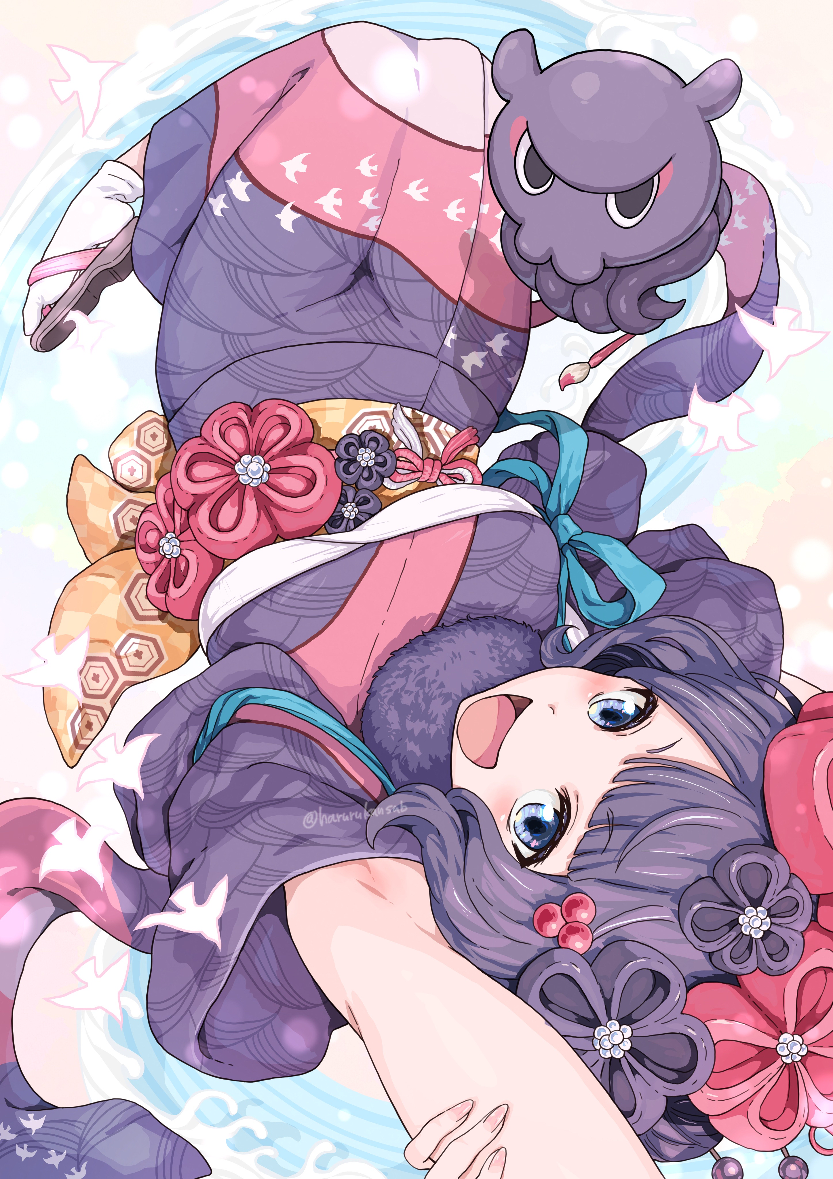 1girl absurdres blue_eyes blush breasts fate/grand_order fate_(series) hair_bun hair_ornament harurukan highres japanese_clothes katsushika_hokusai_(fate) kimono large_breasts long_sleeves looking_at_viewer octopus open_mouth purple_hair purple_kimono red_kimono sash short_hair smile tokitarou_(fate) wide_sleeves