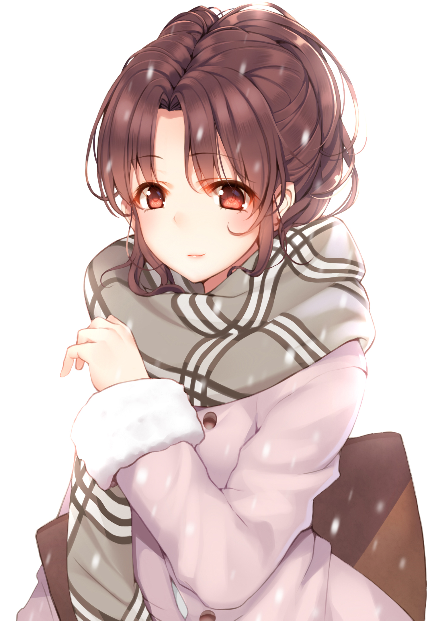 1girl bag brown_hair closed_mouth coat commentary enpera female_focus fur-trimmed_sleeves fur_trim grey_scarf hand_up highres kazuzu looking_at_viewer original parted_bangs pink_coat plaid_clothes plaid_scarf red_eyes scarf simple_background smile snowing solo upper_body white_background winter winter_clothes winter_coat