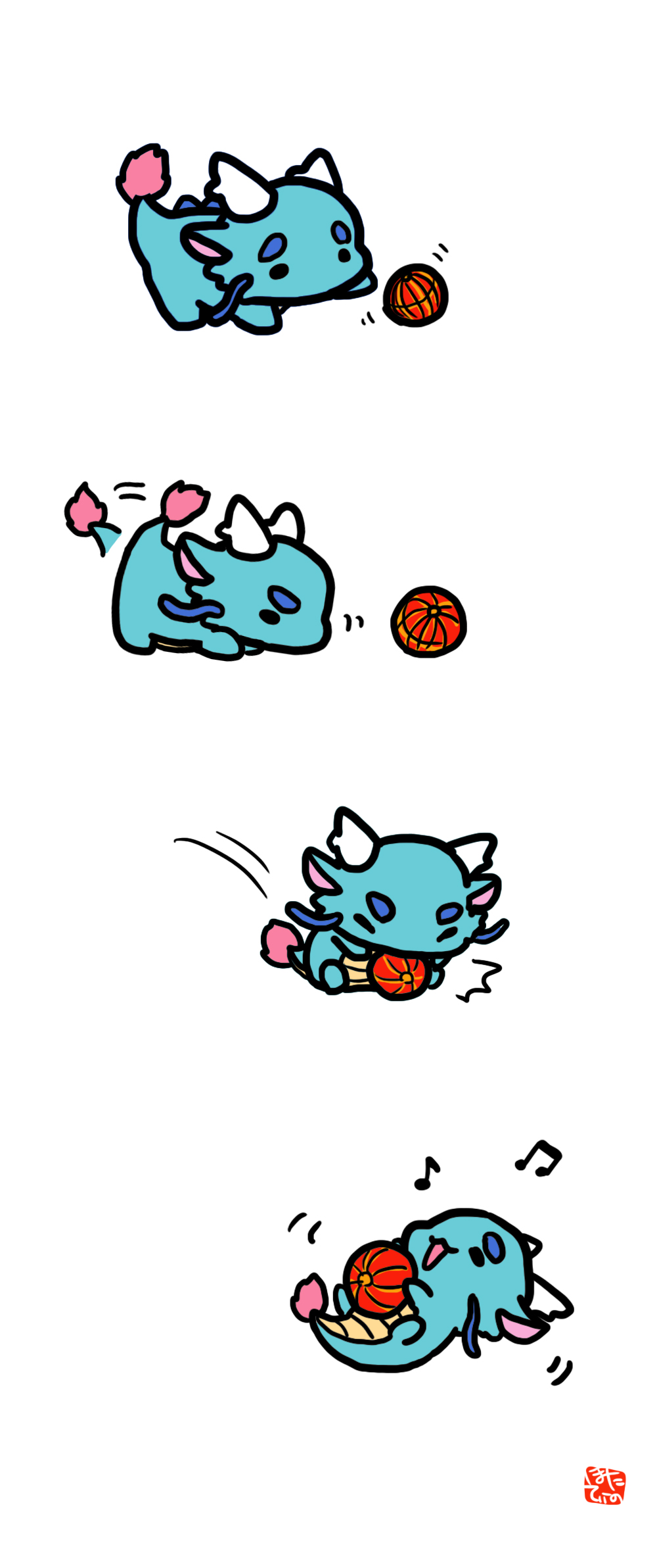 ball chibi commentary_request dragon eastern_dragon full_body highres hotathino lying no_humans on_back original pouncing simple_background tail tail_wagging temari_ball white_background