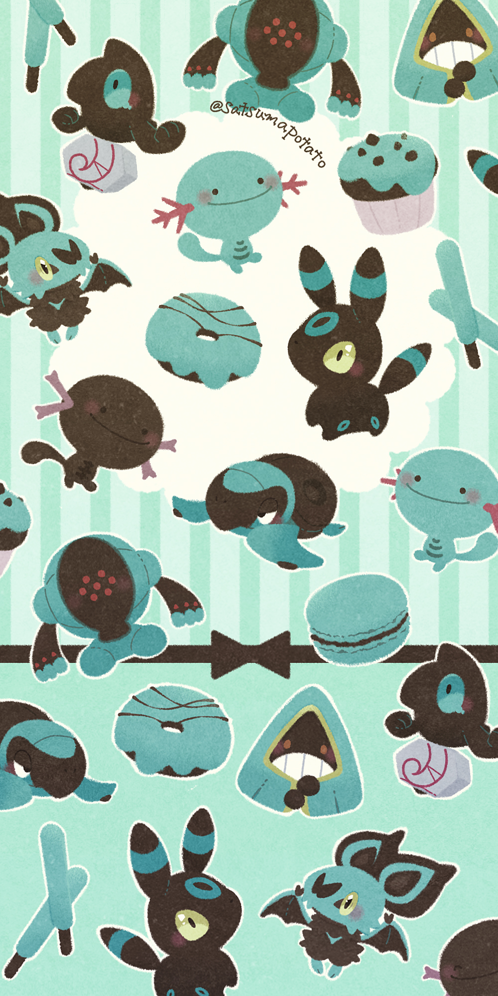 alternate_color blue_theme blush closed_mouth donut food full_body galarian_form galarian_yamask gen_2_pokemon gen_3_pokemon gen_5_pokemon gen_6_pokemon gen_8_pokemon highres legendary_pokemon macaron mint_chocolate muffin nintendo no_humans noibat paldean_wooper pocky pokemon pokemon_(creature) registeel satsumapotato shiny_pokemon smile snorunt solid_circle_eyes striped_background tirtouga twitter_username umbreon wooper yamask yellow_eyes