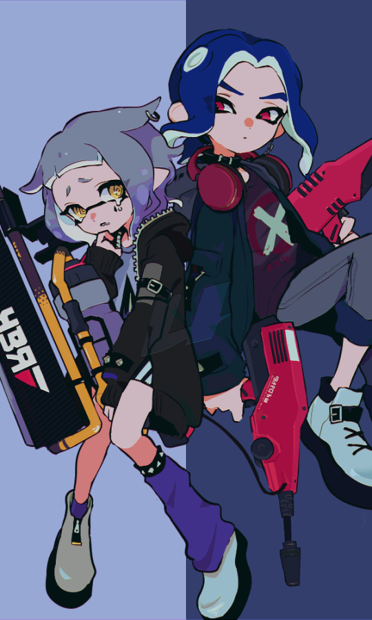 1boy 1girl asymmetrical_legwear black_jacket blue_hair carbon_roller_(splatoon) commentary dark_blue_hair dualie_squelchers_(splatoon) furrowed_brow grey_hair hair_flaps headphones headphones_around_neck hood hood_down hooded_jacket imaikuy0 inkling inkling_girl inkling_player_character jacket long_sleeves nintendo octoling octoling_boy octoling_player_character open_clothes open_jacket piercing pointy_ears purple_socks red_eyes single_loose_sock socks splatoon_(series) symbol-only_commentary tears tentacle_hair yellow_eyes zipper