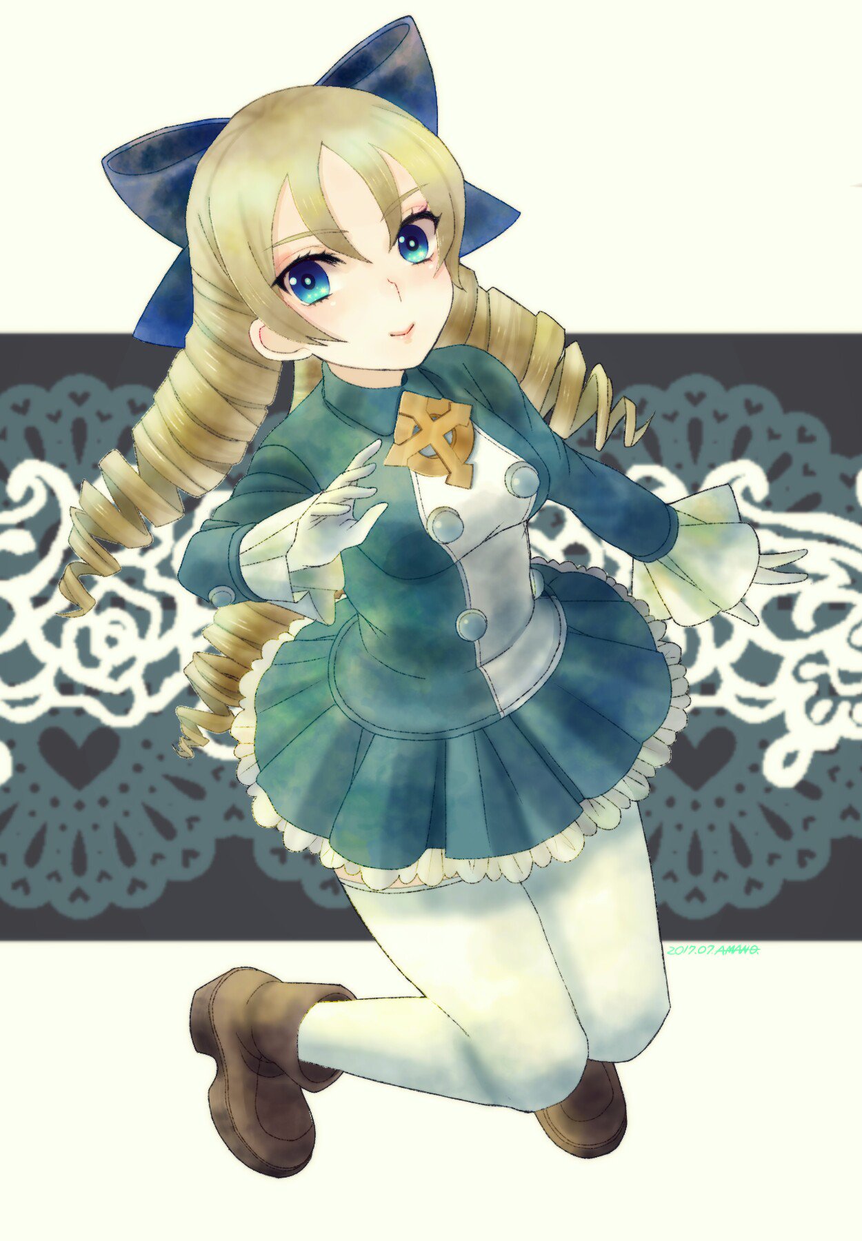 1girl alice_elliot amenoimo blonde_hair blue_eyes bow breasts character_request closed_mouth cosplay dated dress full_body gloves hair_bow highres long_hair looking_at_viewer pantyhose shadow_hearts skirt smile solo thighhighs white_pantyhose white_thighhighs