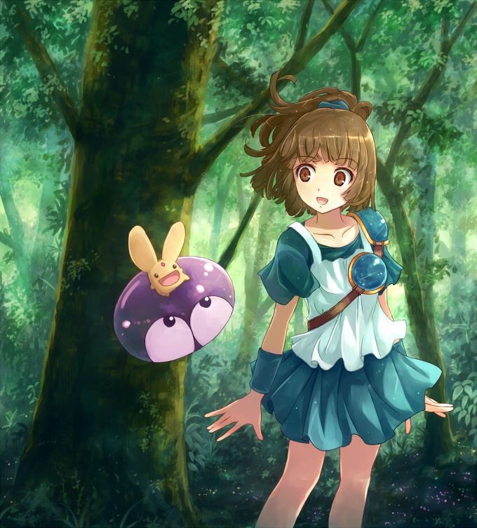 1girl arle_nadja blue_skirt brown_eyes brown_hair carbuncle_(puyopuyo) female_focus forest half_updo madou_monogatari nature open_mouth ponytail puyo_(puyopuyo) puyopuyo short_hair skirt smile solo wristband yakka