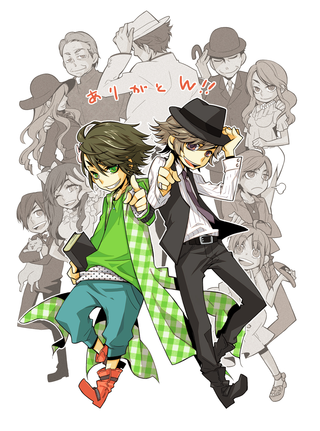 4girls 6+boys ankle_boots belt book boots buckle denim everyone fedora formal_clothes full_body hat hidari_shoutarou highres holding holding_book isaka_shinkuro isaka_shinkurou jeans kamen_rider kamen_rider_w looking_at_viewer mick_(w) misa_kuroi multiple_boys multiple_girls narumi_akiko narumi_sokichi pants philip philip_(kamen_rider) plaid shroud simple_background sonozaki_kirihiko sonozaki_ryubee sonozaki_saeko sonozaki_wakana suit terui_ryu terui_ryuu white_background
