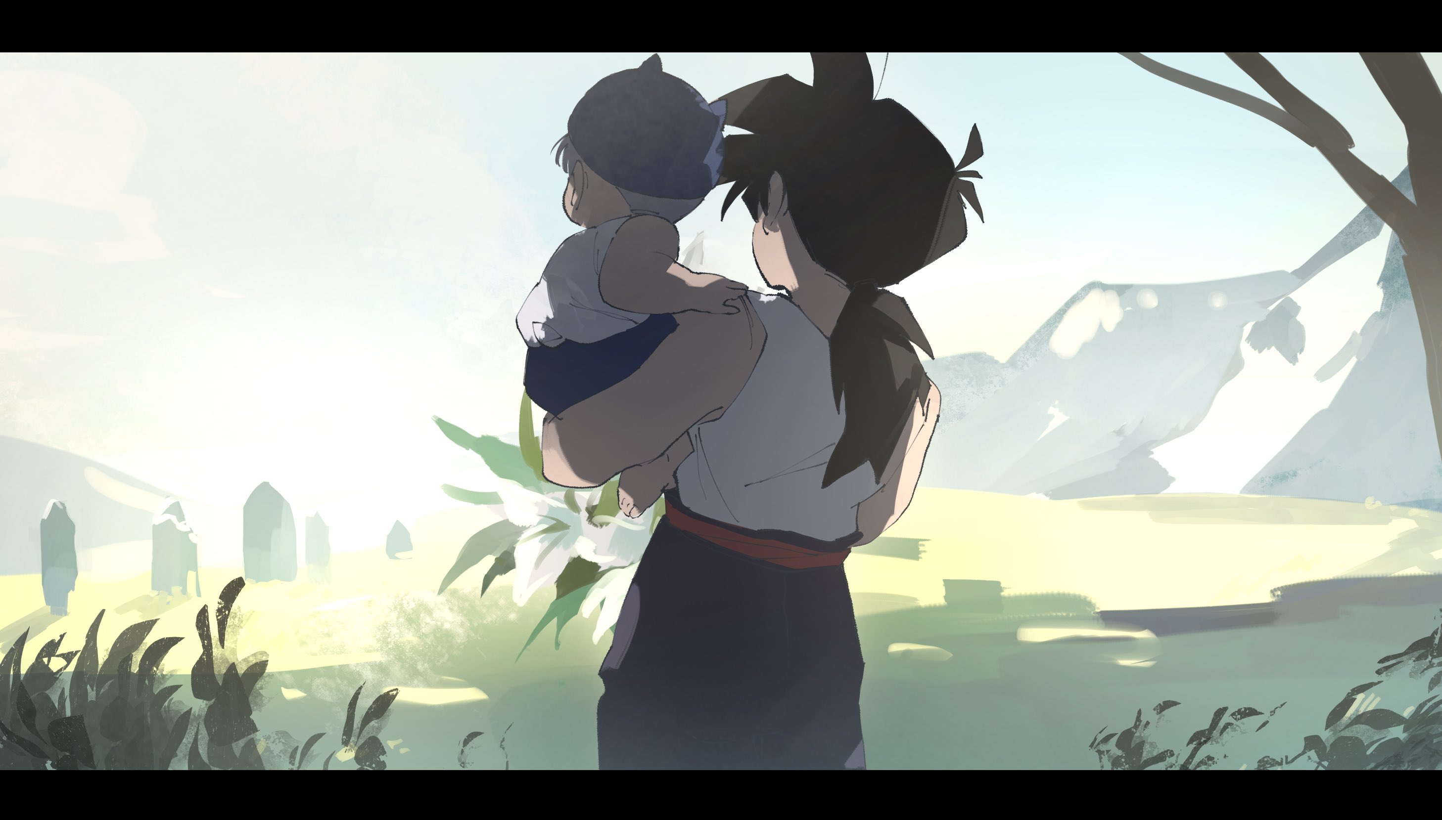 2boys aged_down baby blue_hat carrying dragon_ball dragonball_z hat highres letterboxed long_hair male_focus mountain multiple_boys ponytail roku_(roku_0141) son_gohan son_gohan_(future) tank_top tombstone tree trunks_(dragon_ball) trunks_(future)_(dragon_ball) white_tank_top