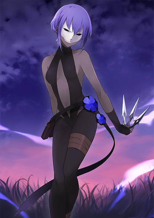 1girl bare_shoulders belt between_fingers black_belt black_gloves black_leotard black_pants breasts breasts_apart clothing_cutout colored_skin fate/grand_order fate_(series) feet_out_of_frame fingerless_gloves flower gloves grey_skin halter_leotard halterneck hassan_of_serenity_(fate) heattech_leotard holding holding_knife holding_weapon knife leotard mask nakahara_(mu_tation) navel official_art pants pouch purple_background purple_flower purple_hair short_hair sidelocks skull_mask sleeveless solo stomach_cutout thigh_pouch thigh_strap third-party_source throwing_knife turtleneck variant_set weapon white_mask