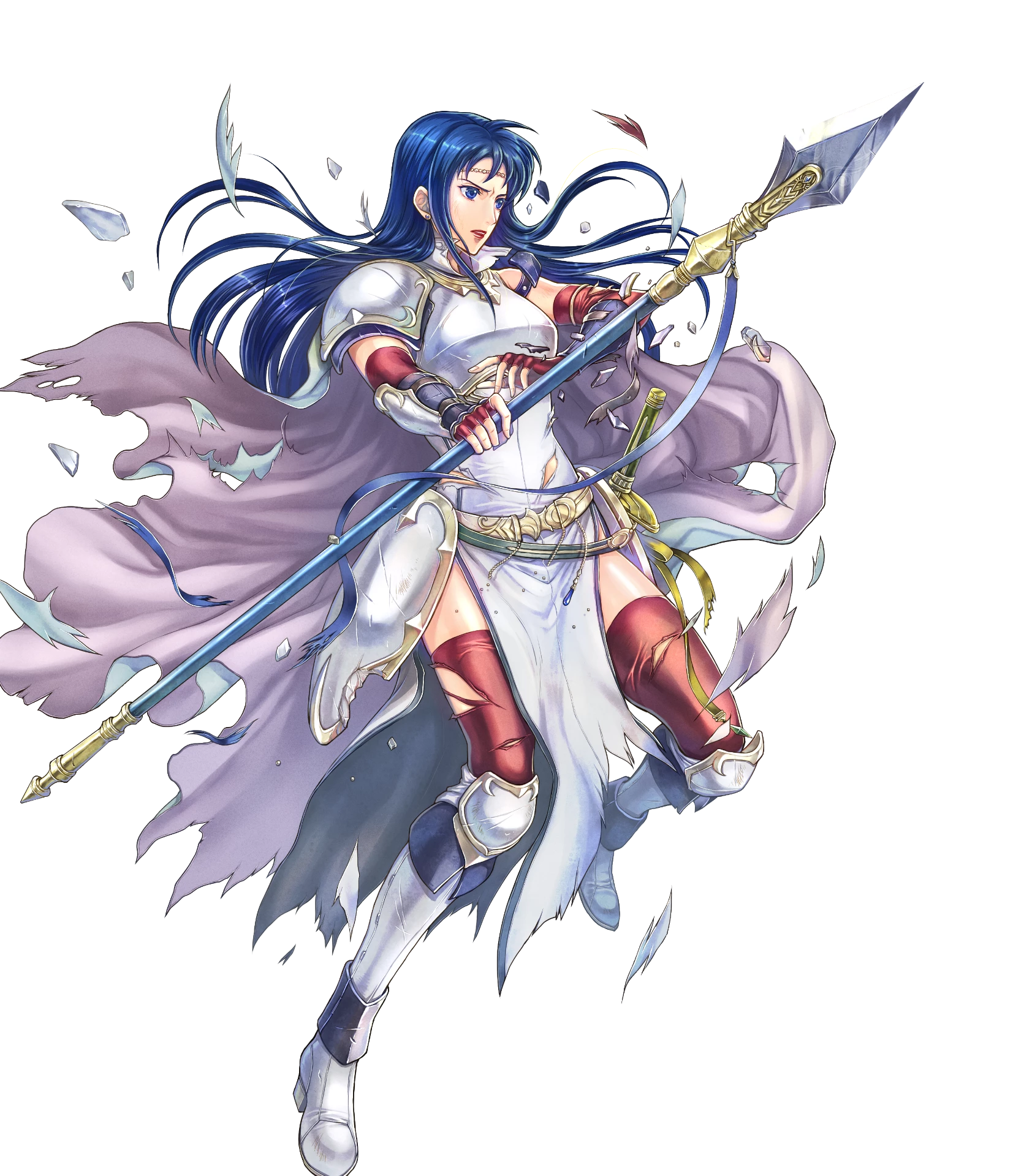 1girl armor blue_eyes blue_hair breastplate cape elbow_gloves fire_emblem fire_emblem:_the_blazing_blade fire_emblem_heroes full_body gloves highres holding holding_polearm holding_weapon isadora_(fire_emblem) long_hair nintendo non-web_source official_art pelvic_curtain polearm shoulder_armor solo sword takaya_tomohide vambraces weapon white_cape
