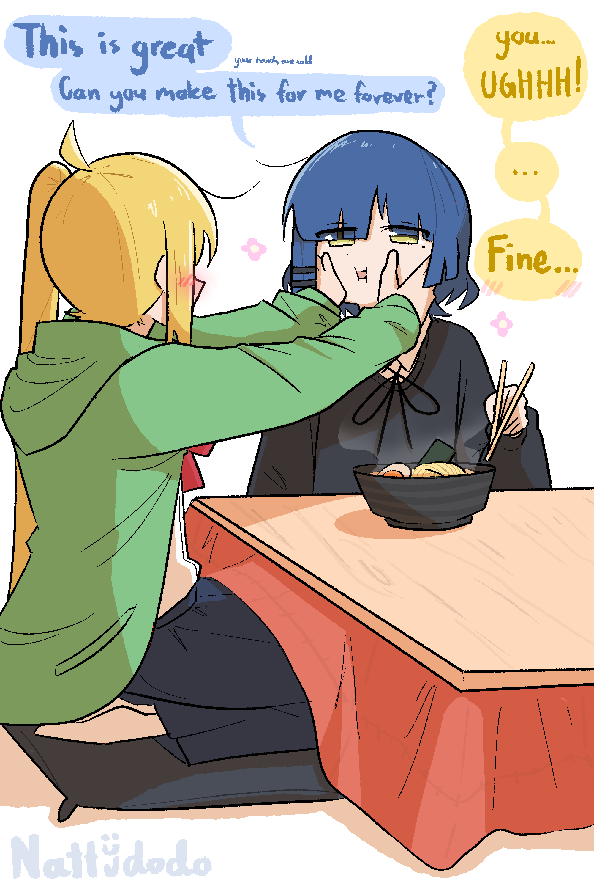 2girls absurdres ahoge black_sweater blonde_hair blue_hair blue_skirt bocchi_the_rock! chopsticks commentary egg_(food) english_commentary english_text floating_flowers food green_hoodie hair_blush hands_on_another's_cheeks hands_on_another's_face highres holding holding_chopsticks hood hoodie ijichi_nijika kotatsu multiple_girls nattydodo_002 noodles red_ribbon ribbon school_uniform shimokitazawa_high_school_uniform short_hair side_ponytail simple_background sitting sitting_on_pillow skirt sweater table wariza white_background yamada_ryo yellow_eyes yuri