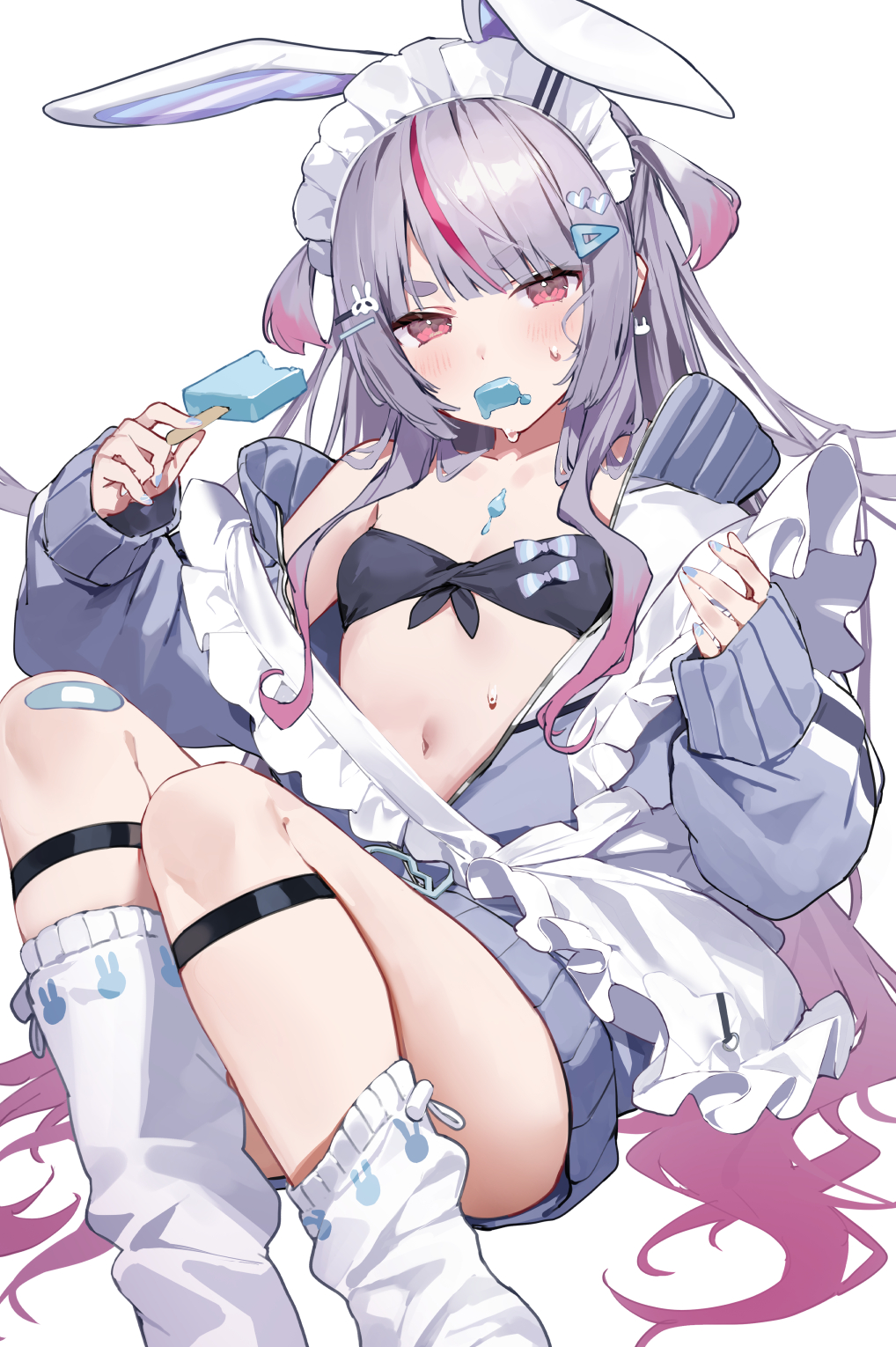 1girl amagasa_yun animal_ears bandaid bandaid_on_knee bandaid_on_leg bikini bikini_under_clothes black_bikini blue_nails breasts commentary_request convenient_leg earrings feet_out_of_frame food food_in_mouth food_on_body front-tie_bikini_top front-tie_top grey_hair grey_jacket hair_ornament hairclip hands_up highres holding holding_food jacket jewelry long_sleeves looking_at_viewer loose_socks mouth_hold multicolored_hair nail_polish navel open_clothes open_jacket popsicle puffy_long_sleeves puffy_sleeves rabbit_earrings rabbit_ears red_eyes red_hair short_eyebrows simple_background sleeves_past_wrists small_breasts socks solo strapless strapless_bikini streaked_hair swimsuit thick_eyebrows tosaki_mimi track_jacket virtual_youtuber vspo! white_background white_socks