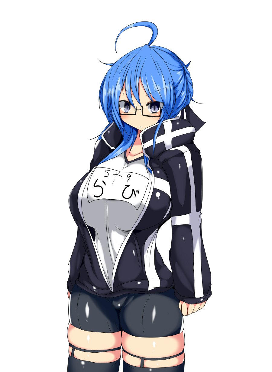 1girl ahoge artoria_pendragon_(fate) bike_shorts blue_eyes blue_hair breasts cosplay fate_(series) female_focus glasses highres huge_breasts jacket looking_at_viewer mysterious_heroine_x_alter_(fate) mysterious_heroine_x_alter_(fate)_(cosplay) original skindentation solo taku_(yakumodaisuki) thighhighs track_jacket track_suit