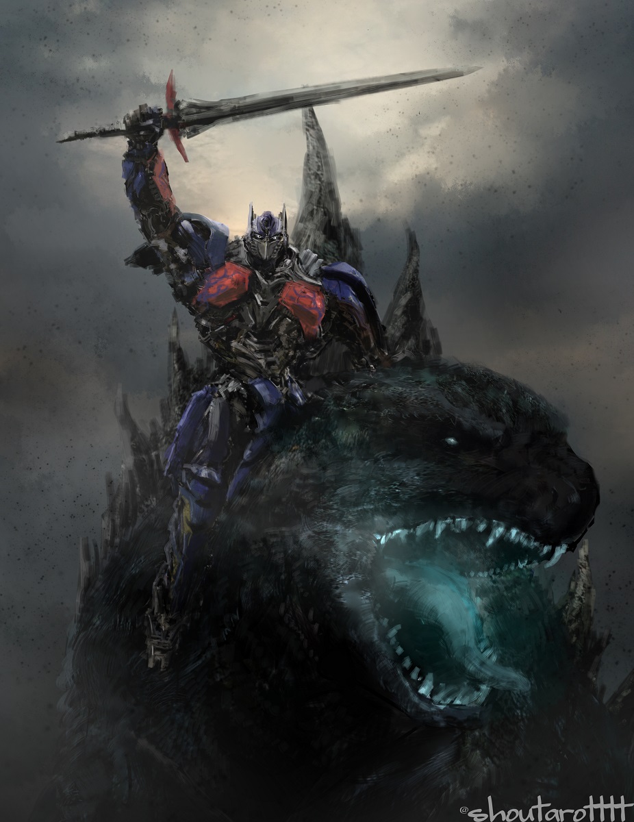 arm_up autobot crossover epic godzilla godzilla_(series) highres kaiju mecha monster no_humans open_mouth optimus_prime riding robot science_fiction shoutarotttt shoutarou_(shoutarotttt) sword transformers transformers:_age_of_extinction transformers_(live_action) twitter_username weapon