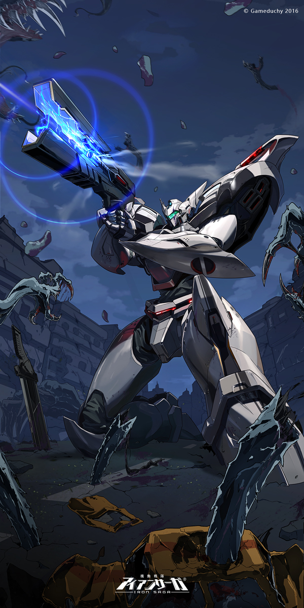 av-xo_type_zero battle building copyright_name crossover gun highres holding holding_gun holding_weapon iron_saga kidou_keisatsu_patlabor mecha mecha_focus night no_humans official_art robot weapon