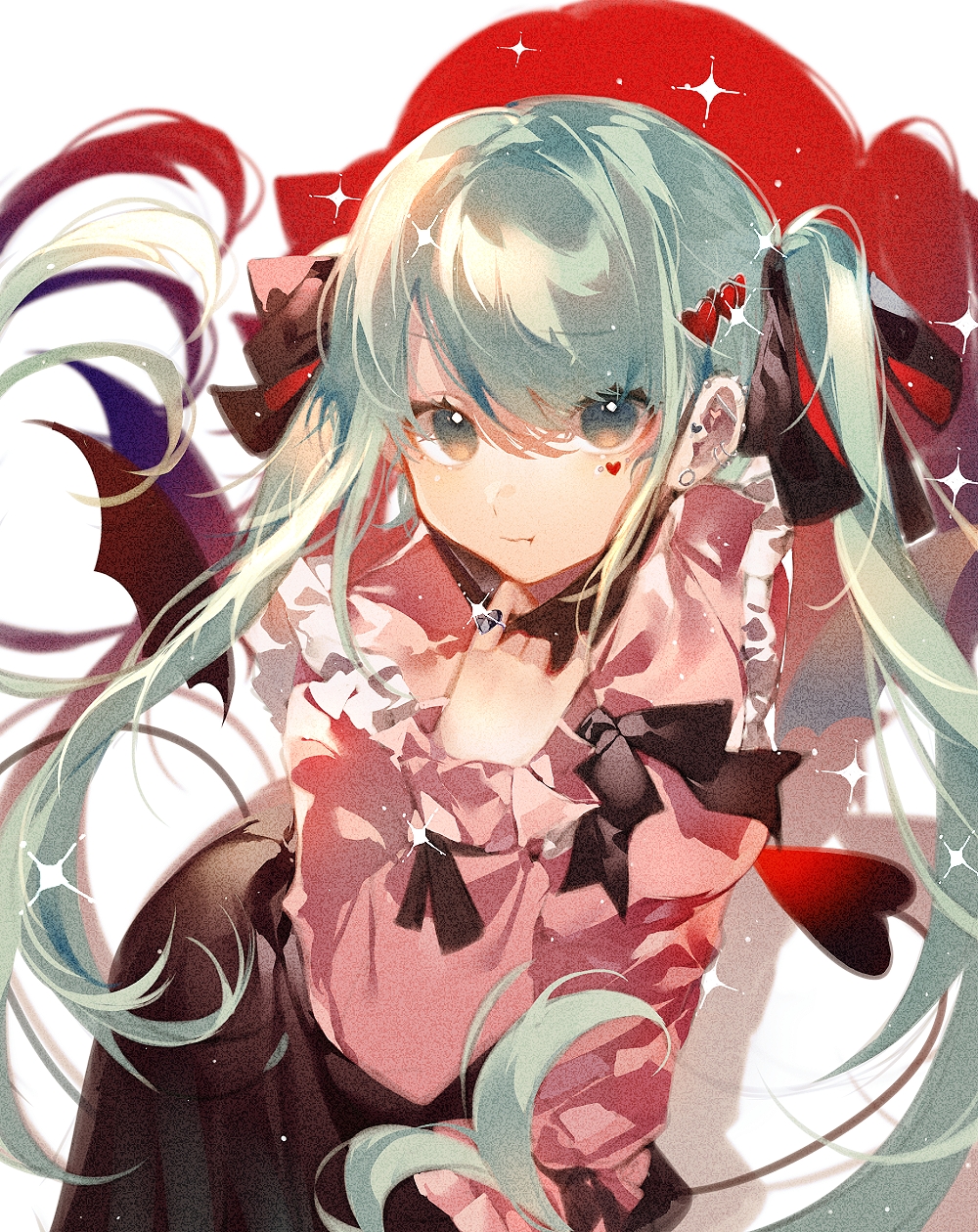 1girl aqua_eyes aqua_hair black_bow black_skirt bow closed_mouth commentary demon_tail fang hair_bow hatsune_miku highres jewelry jirai_kei long_hair long_sleeves looking_at_viewer pink_shirt puffy_long_sleeves puffy_sleeves ring shirt shu_(pjxv7485) skirt smile solo sparkle tail twintails vampire_(vocaloid) very_long_hair vocaloid