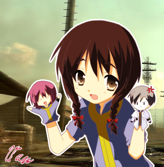 brown_eyes brown_hair fallout fallout_3 hand_puppet james lab_coat leadervance pink_hair puppet twintails white_hair