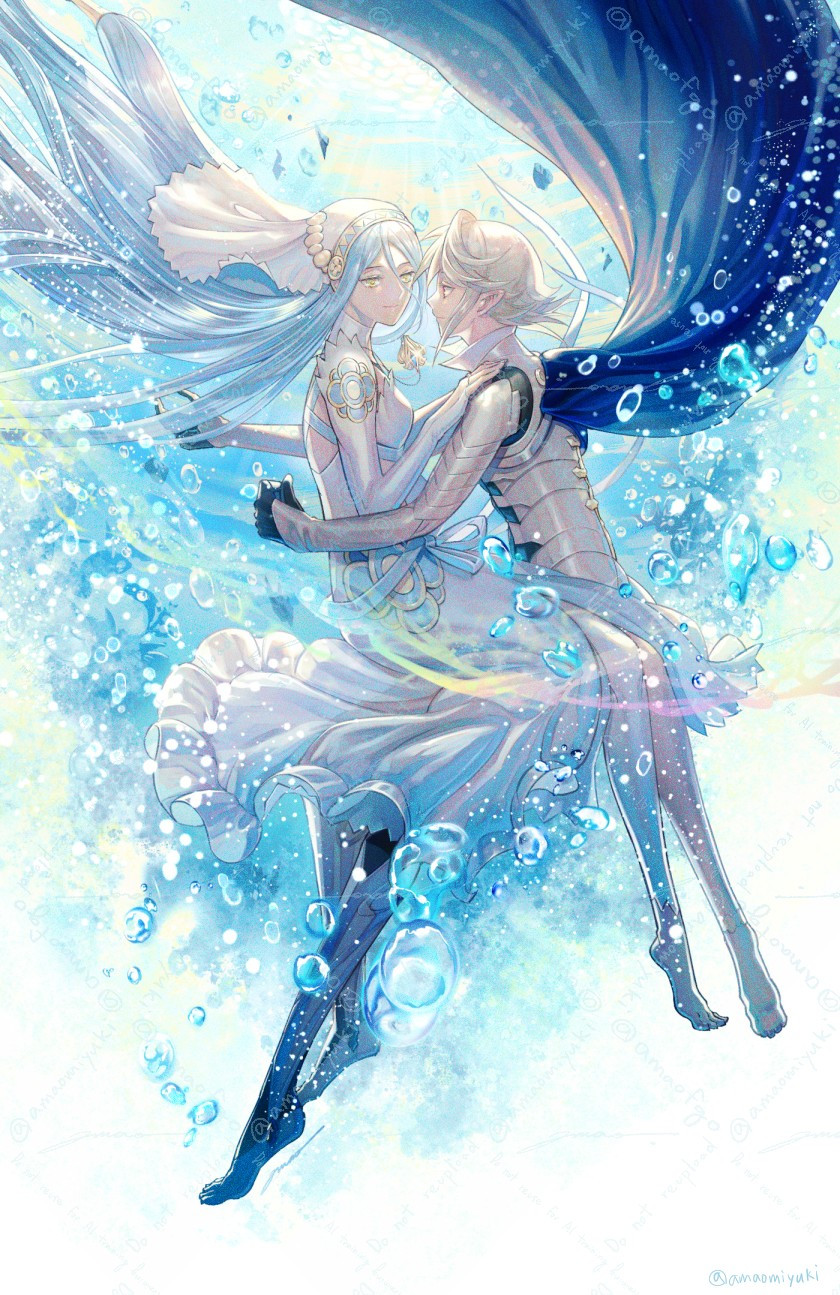 1boy 1girl amao_miyuki armor azura_(fire_emblem) barefoot black_gloves blue_eyes blue_hair breasts cape collar commentary male_corrin_(fire_emblem) couple dress english_commentary fingerless_gloves fire_emblem fire_emblem_fates floating floating_hair gloves hair_between_eyes highres incest jewelry long_hair nintendo pointy_ears red_eyes short_hair simple_background smile veil very_long_hair water white_background white_hair yellow_eyes