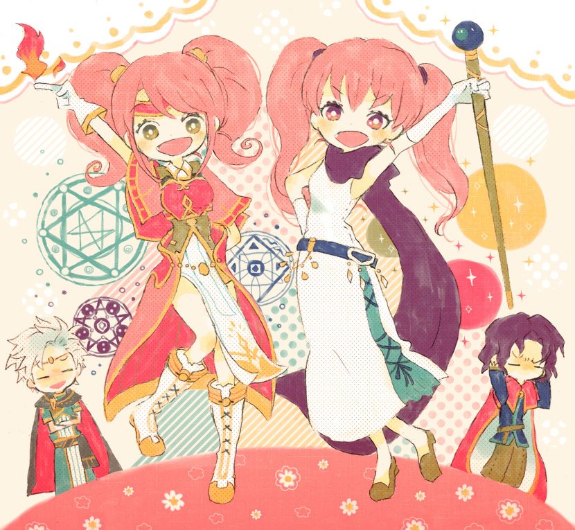 2boys 2girls armor belt boey_(fire_emblem) boots breastplate capelet cloak covering_own_ears cross-laced_footwear crossed_arms dress elbow_gloves erk_(fire_emblem) closed_eyes fire fire_emblem fire_emblem:_the_blazing_blade fire_emblem_echoes:_shadows_of_valentia gloves hand_on_own_hip headband kappaman mae_(fire_emblem) multiple_boys multiple_girls nintendo open_mouth pants pelvic_curtain pink_eyes pink_hair purple_hair robe scarf serra_(fire_emblem) shoes sleeveless smile staff traditional_media twintails white_gloves white_hair yellow_eyes