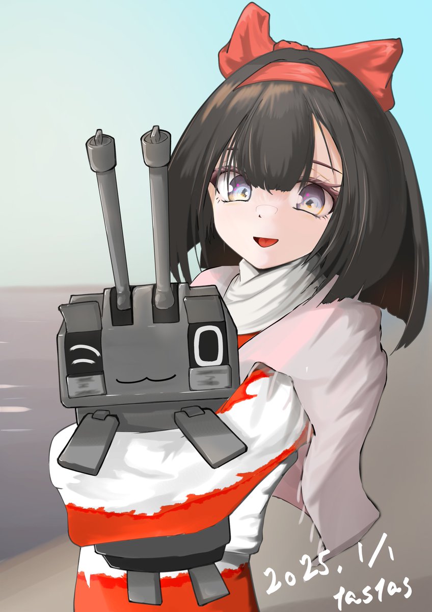 1girl akizuki_(kancolle) alternate_costume artist_name black_hair chou-10cm-hou-chan dated dress fur-trimmed_dress fur_trim gradient_background hairband hugging_object kantai_collection red_dress red_hairband scarf smile tastas upper_body white_scarf