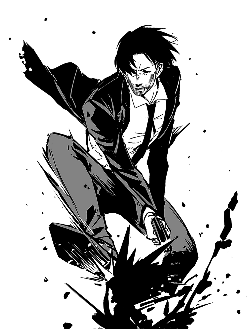 1boy 6cheetah beard black_blood black_necktie black_shoes black_suit blood blood_splatter clenched_teeth collared_shirt commentary dress_shoes facial_hair formal_clothes grey_pants gun hair_over_one_eye handgun highres holding holding_gun holding_weapon jacket john_wick john_wick_(character) knee_up korean_commentary layered_sleeves long_sleeves male_focus monochrome motion_blur necktie one_eye_covered pants pointy_footwear shirt shoes solo suit teeth torn_clothes torn_jacket weapon white_shirt wing_collar