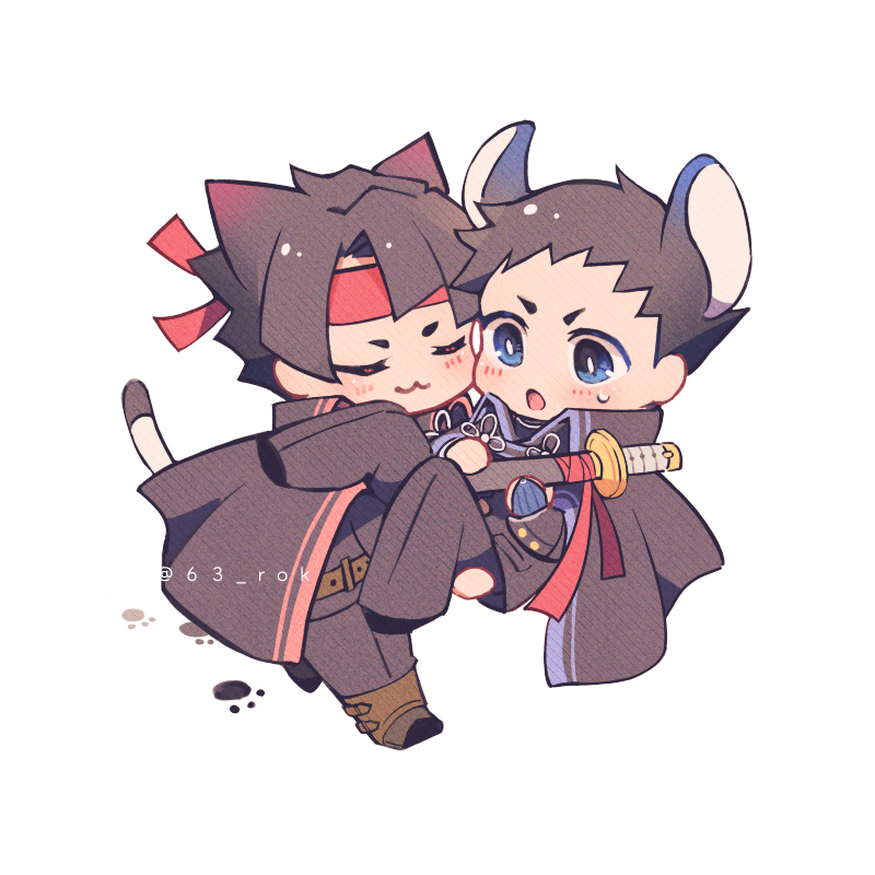 2boys 63_rok ace_attorney animal_ears belt black_cape black_hair black_jacket black_pants blue_eyes blush brown_belt cape cat_boy cat_ears cat_tail chibi closed_eyes commentary full_body headband holding holding_sword holding_weapon jacket kazuma_asogi male_focus mouse_ears multiple_boys pants paw_print red_headband ryunosuke_naruhodo sheath sheathed short_eyebrows small_sweatdrop sword symbol-only_commentary tail the_great_ace_attorney twitter_username weapon white_background