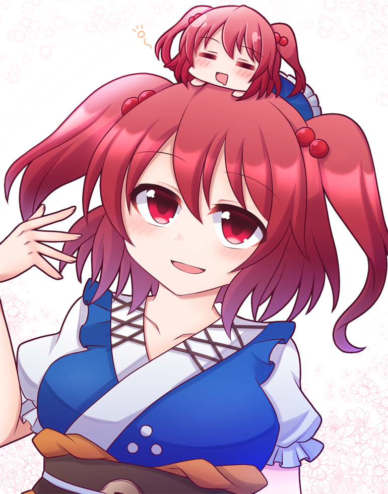 2girls :d chibi collarbone commentary commentary_request commission english_commentary hair_bobbles hair_ornament looking_at_viewer mini_person minigirl mixed-language_commentary multiple_girls obi on_head onozuka_komachi open_mouth person_on_head red_eyes red_hair sash shiohachi short_sleeves simple_background skeb_commission smile touhou two_side_up white_background