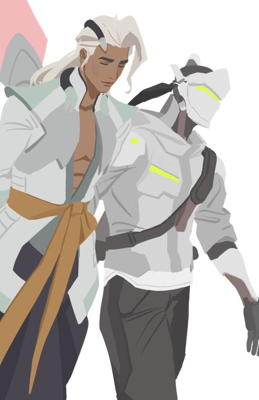 2boys bag black_bag black_pants closed_eyes closed_mouth collarbone collared_jacket commentary_request cyborg dark-skinned_male dark_skin floatinge99 genji_(overwatch) green_visor grey_jacket jacket korean_commentary lifeweaver_(overwatch) long_hair male_focus multiple_boys open_clothes open_shirt orange_sash overwatch overwatch_2 pants pink_wings popped_collar sash shoulder_bag simple_background smile standing white_background white_hair wings