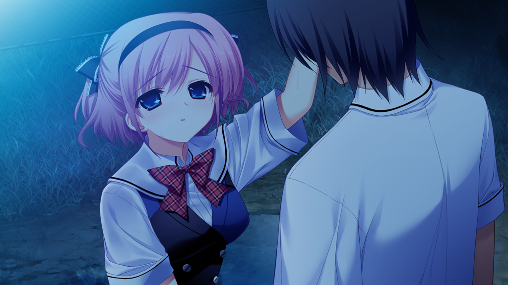 1boy 1girl black_bow black_dress black_hair black_hairband blue_dress blue_eyes bow bowtie breasts buttons chain-link_fence double-breasted dress fence frilled_bow frills fumio_(ura_fmo) game_cg grass grisaia_(series) grisaia_no_kajitsu hair_bow hairband headpat kazami_yuuji komine_sachi looking_at_another medium_breasts night non-web_source open_mouth outdoors pink_hair plaid_bow plaid_bowtie plaid_clothes red_bow red_bowtie sailor_collar shirt short_hair standing swept_bangs tears two-tone_dress two_side_up upper_body variant_set white_sailor_collar white_shirt